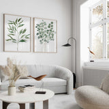Eucalyptus leaves wall art, greenery art prints, set of 2 leaves poster, living room minimalist, Watercolour leaf decor, bathroom prints