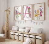 Set of 3 Wildflowers Nursery Prints, Honeybee Nursery Flowers, Personalized Name print