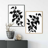 Set of 2 Black Leaf Prints, Modern Black White Wall Art Print