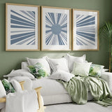 Blue Sun Wall Art, Set of 3 prints blue, Sunburst Print, Sun Print set, Bathroom Prints, Bedroom wall art, Mid Century Modern, Geometric