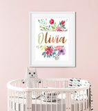 Floral Baby Name Sign, Custom Kids Name Print
