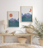 Sun Moon Boho Blue Mid century modern wall art