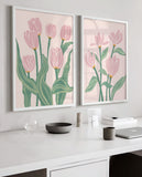 Mid-Century Floral Print, Flower Market Print, Botanical Flowers decor, Green pink beige floral, Set of 2 Prints, Tulip Wall Art
